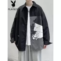 花花公子日系休闲长袖衬衫男大码痞帅新款长袖潮牌春秋情侣装衬衣