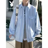 花花公子条纹口袋衬衫男夏季潮流休闲长袖衫上衣港风痞帅衬衣外套