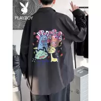 花花公子2021秋新港风款文艺男士衬衣长袖休闲时尚大码男印花衬衫