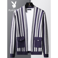 花花公子春秋季新款针织开衫条纹男士韩版潮流潮牌修身毛衣男外穿