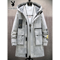 花花公子渲染中长款风衣男士外套春秋季韩版潮流连帽百搭工装夹克