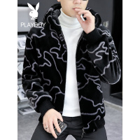 花花公子冬季保暖新款毛呢外套男士休闲韩版条纹连帽宽松呢子外套