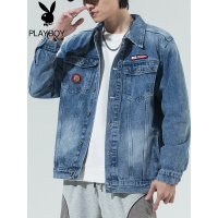 花花公子春秋季新款男士字母绣花牛仔夹克宽松外套休闲潮男青少年