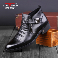 公牛世家男鞋春秋真皮尖头高帮皮鞋英伦风潮流牛仔短靴商务休闲鞋