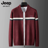 JEEP男士针织衫2021秋冬新款商务气质拼色条纹立领开衫毛衣外套潮