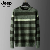 JEEP圆领针织衫2021秋冬新款条纹拼色保暖休闲百搭毛衣男士上衣潮