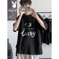 花花公子夏季新款港风T恤男士短袖潮牌ins潮宽松半袖男五分袖体恤