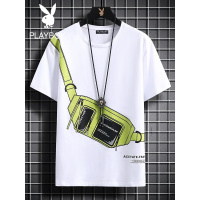 花花公子夏季短袖T恤男士印花圆领男装上衣白色宽松体恤半袖潮流