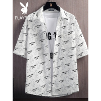 花花公子春夏新款衬衫男休闲百搭字母小熊印花衬衣男潮牌薄款夏秋