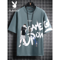 花花公子夏季新款卡通字母印花圆领短袖T恤男士宽松休闲潮流体恤