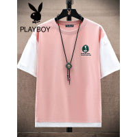 花花公子拼色字母刺绣数字圆领日系休闲韩版青年短袖T恤男士青年