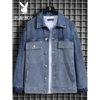 花花公子新款拼接翻领牛仔外套男春秋季宽松ins潮牌工装夹克男士