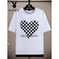 花花公子印花爱心格子字母潮牌短袖新款男假两件休闲宽松百搭T恤