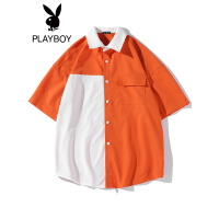 花花公子工装男士短袖衬衫夏季宽松拼色方领衬衣青年开衫男装潮牌