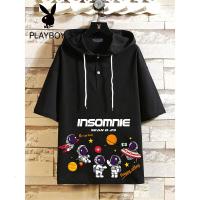 花花公子2022夏季韩版新款短袖T恤休闲宇航员印花连帽男士半袖衫