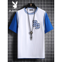 花花公子拼色T恤男短袖潮流夏季高中生时尚字母印花圆领宽松体恤