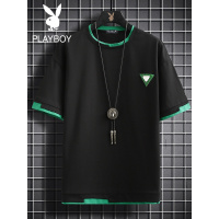 花花公子男士短袖2022夏季新款潮流拼色半袖T恤修身上衣体恤男装