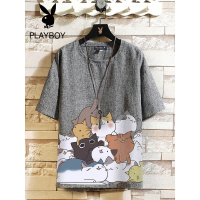 花花公子夏季短袖男士亚麻T恤潮流宽松大码半袖上衣男五分袖体恤