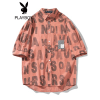 花花公子男衬衫短袖方领字母印花休闲百搭2022夏季新款青年工装潮