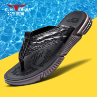 公牛世家拖鞋男人字拖夏季外穿防滑鳄鱼纹真皮凉鞋潮流户外凉拖鞋