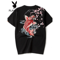 花花公子新款薄款古风锦鲤印花短袖T恤男士夏季纯色半袖打底体恤