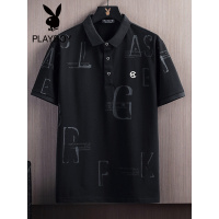 花花公子男士短袖Polo衫方领夏季新款黑色字母印花青少年薄款潮牌