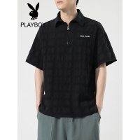 花花公子男士polo衫夏季简约休闲男装拉链字母绣花格子短袖T恤男