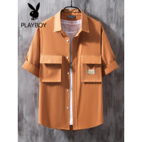 花花公子夏季男士简约方领短袖衬衫纯色休闲字母印花男装衬衣