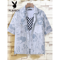 花花公子夏季薄款短袖衬衫男ins潮牌痞帅港风男士宽松冰丝衬衣潮