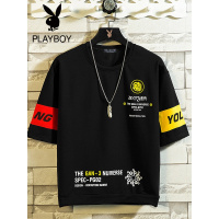 花花公子2022新款潮流韩版男五分袖T恤夏装潮牌时尚半截短袖男装