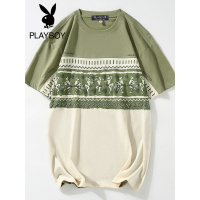 花花公子男日系夏季拼色T恤印花圆领短袖体恤打底衫潮牌简约青年