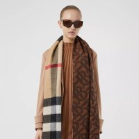 博柏利(BURBERRY) 奢侈品 新款 柔软羊绒 生日礼物 男女通用 双面两用格纹拼专属标识羊绒围巾女80224091