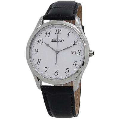 精工(SEIKO)经典石英白色表盘皮革表带37.4毫米男士手表 SUR303 全球购