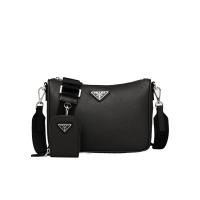 普拉达(PRADA)黑色真皮斜挎包可拆卸肩带配小袋多功能商务休闲百