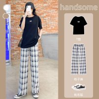 樵JIAO黑白格子阔腿裤女裤宽松直筒复古高腰028-RT-Z021