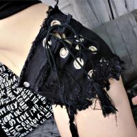 欧美修身包臀黑色侧边绑带交叉流苏毛边显瘦阔腿牛仔小短裤热裤女