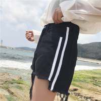 春夏女装韩版时尚侧边条纹高腰显瘦牛仔裤毛边阔腿裤直筒裤短裤潮