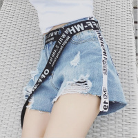 2018夏季新款韩版bf风破洞侧边字母白边牛仔短裤女宽松阔腿热裤潮