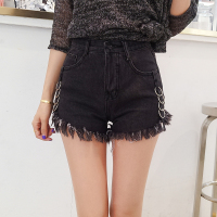 流苏毛边做旧牛仔裤女夏2018新款韩版高腰侧边圆环装饰短裤热裤潮