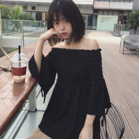 夏装女装新款韩版甜美松紧一字肩五分袖雪纺衫喇叭袖套头上衣