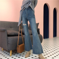 新款高腰喇叭裤女韩版不规则裤子毛边紧身破洞牛仔裤长裤