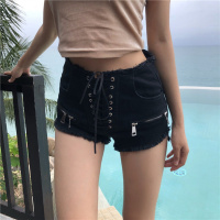 2018夏季新款黑色裤子不规则绑带牛仔裤高腰直筒裤显瘦短裤女裤潮