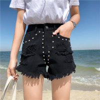 2018夏季新款韩版铆钉磨破牛仔裤毛边热裤阔腿宽松黑色裤子女短裤