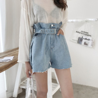 2018夏季新款学生花苞裤子宽松高腰牛仔裤系腰带阔腿短裤热裤女装