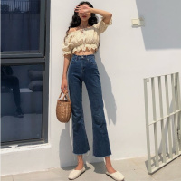 2018夏季新款韩版裤子百搭学生显瘦高腰长裤毛边微喇叭牛仔裤女装