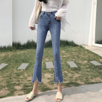 2018夏季新款裤子开叉毛边牛仔裤修身显瘦九分裤高腰微喇叭裤女裤