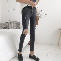 2018春装新款高腰破洞牛仔裤毛边裤子小脚铅笔裤显瘦九分裤女裤潮