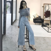 2018春装新款高腰裤子侧边拉链牛仔裤宽松阔腿裤显瘦休闲长裤女裤