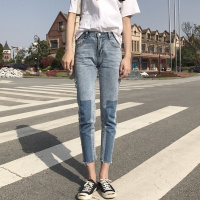2018春夏新款撞色侧边割破直筒九分裤高腰裤子学生宽松牛仔裤女裤