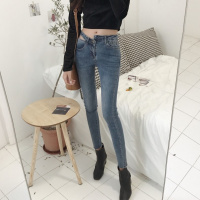 秋冬新款不规则腰间开裂九分裤高腰牛仔裤小脚铅笔裤显瘦裤子女裤